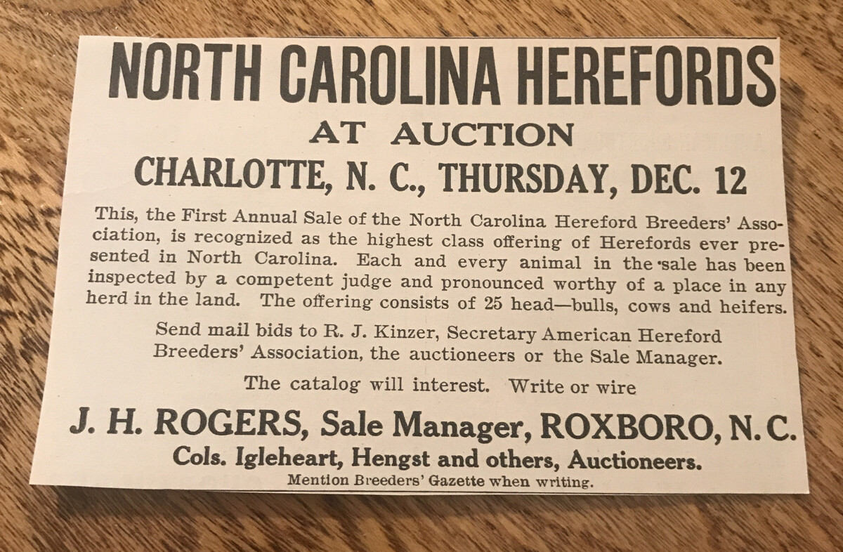 1918 Hereford Cattle Public Sale – Charlotte – North Carolina – Cow Advertising