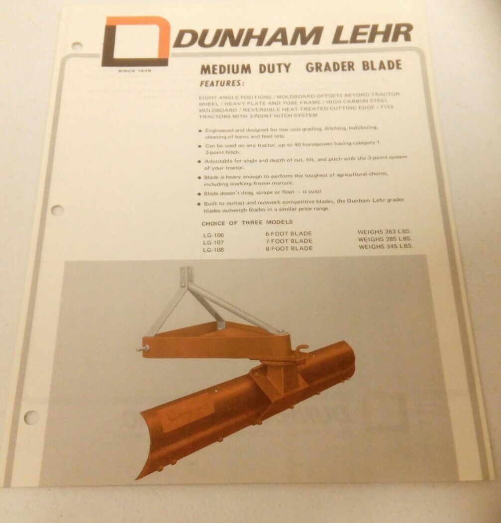 VINTAGE 1974 DUNHAM LEHR MEDIUM DUTY GRADER BLADE FARM TRACTOR SALES BROCHURE