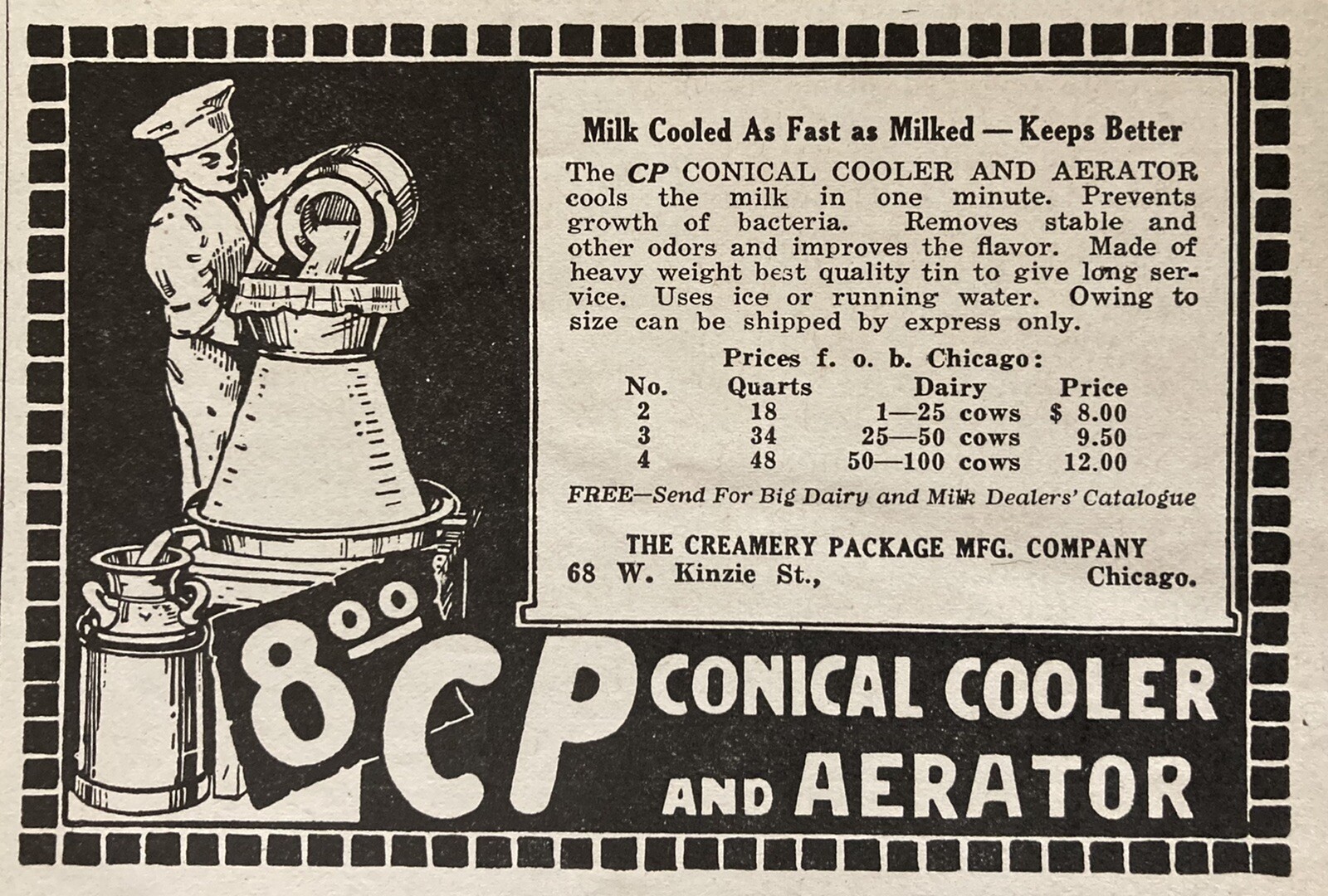 1923 AD.(XH22)~CREAMERY PACKAGE MFG. CO. CHICAGO. C-P CONICAL COOLER AERATOR