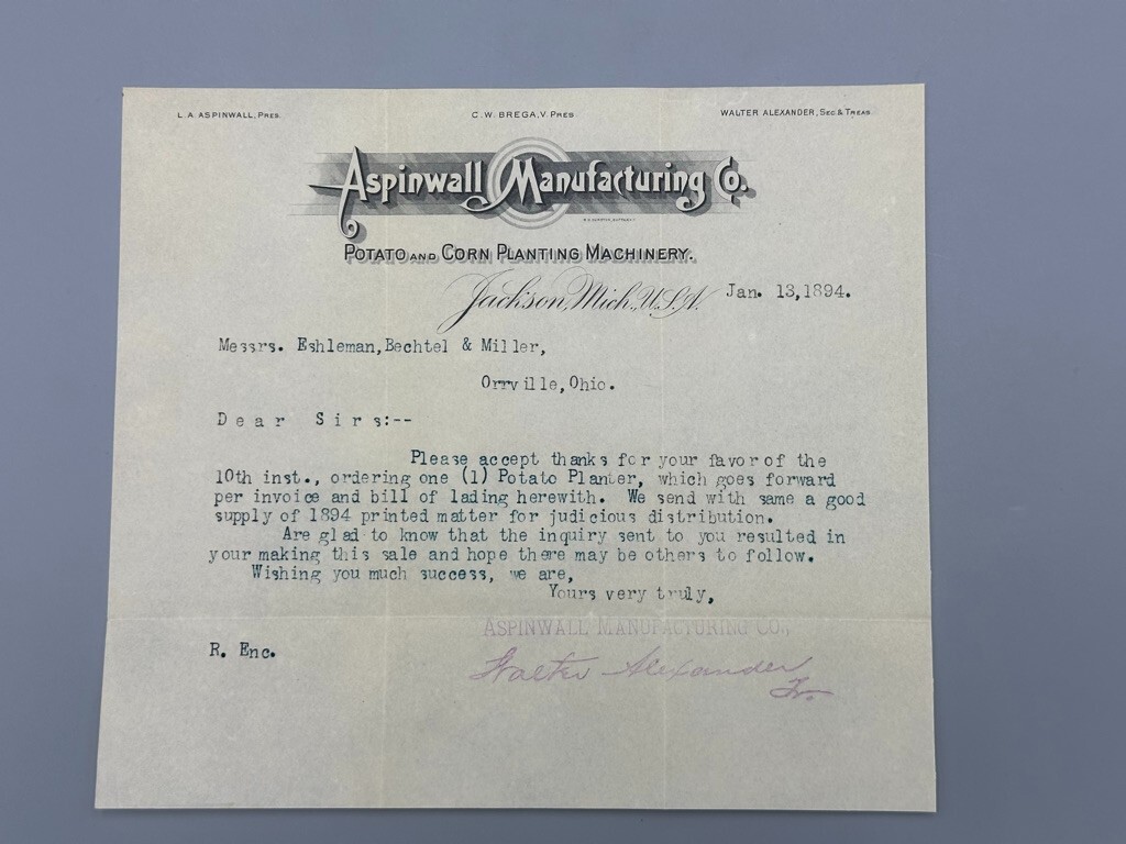 1894 ASPINWALL Farm POTATO & CORN Machinery JACKSON Michigan Antique Advertising