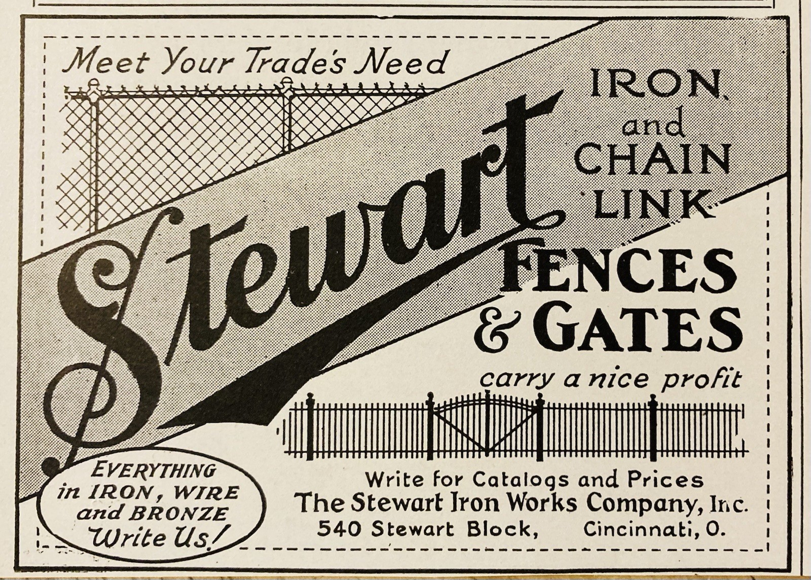 1929 AD.(XH83)~STEWART IRON WORKS CO. CINCINNATI. O. IRON & CHAIN LINK FENCES