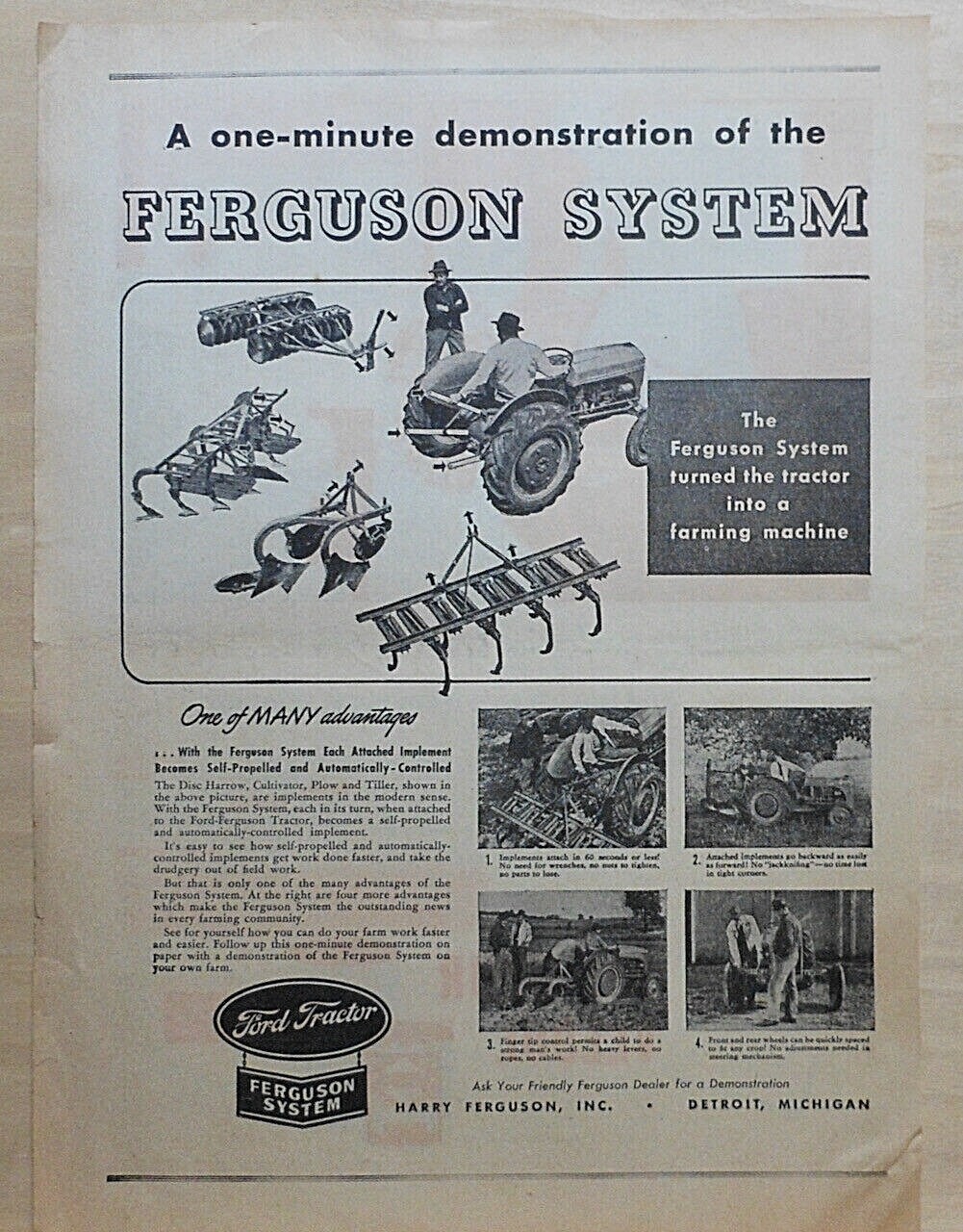 1942 magazine ad for Ford Tractor Ferguson System – turn tractor to farm machine