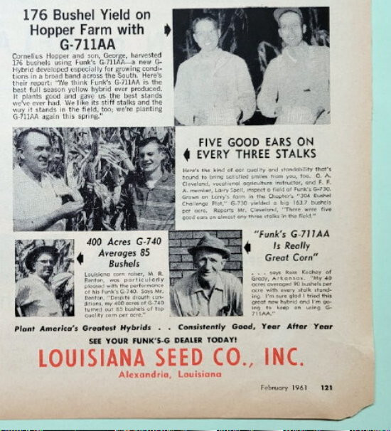 Original 1961 Funk&rsquo;s Seed Ad Features Ross Keahey of Grady Arkansas 10.5×13.5