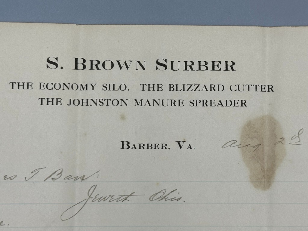 1916 BARBER Virginia FARM ADVERTISING Brown Surber Economy SILO Blizzard Cutter
