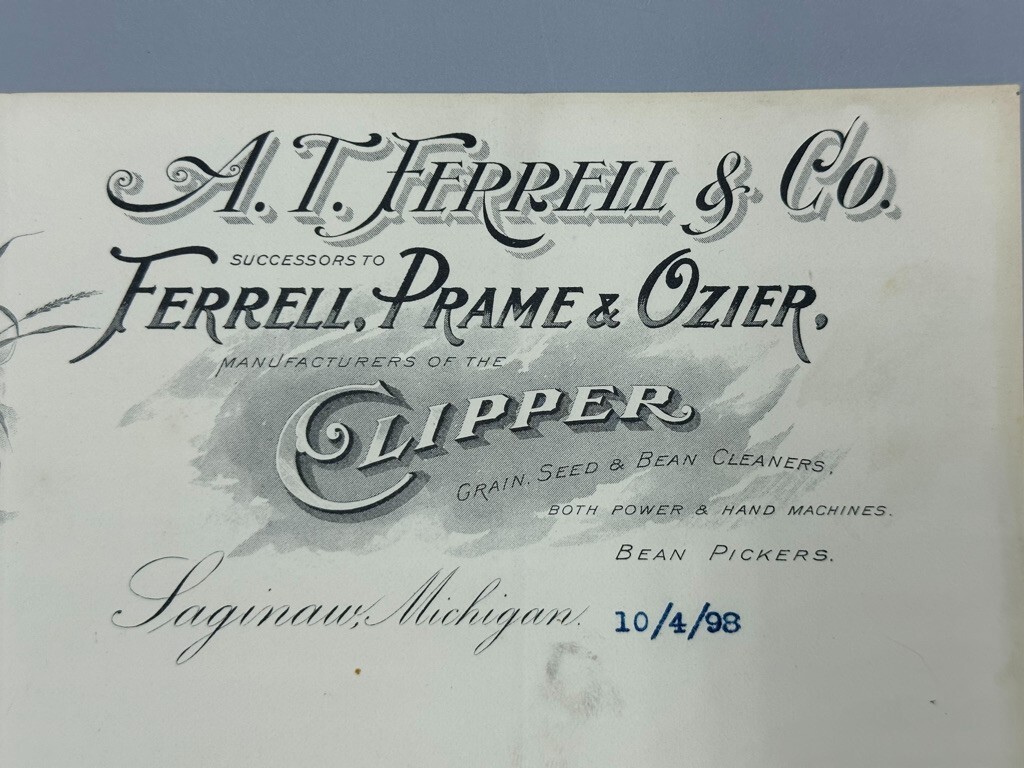 1898 A.T. FERRELL Co FARM CLIPPER Advertising Letter SAGINAW Michigan Antique