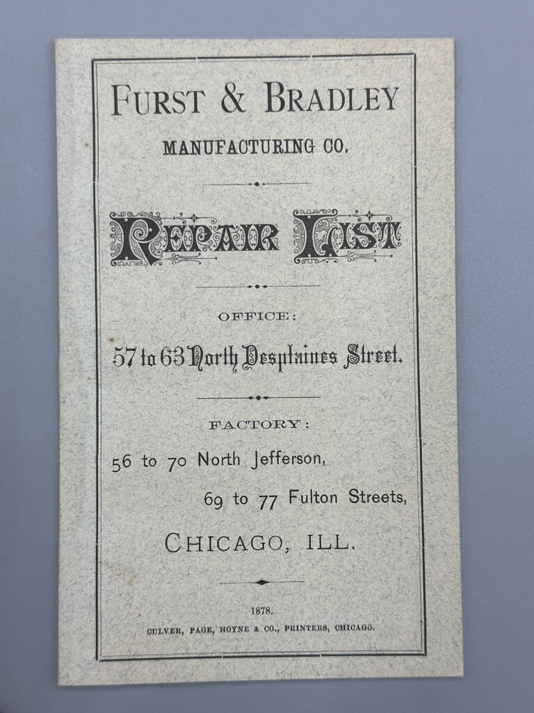 1878 FURST & BRADLEY PLOWS Pocket Catalog Repair List FARM Antique Advertising