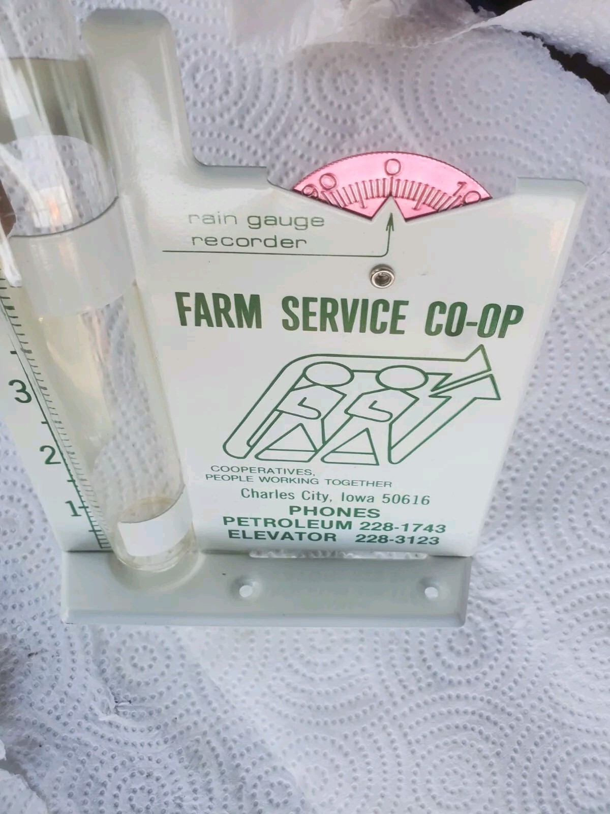 Metal Rain Guage Farm Service Cooperative Charles City Iowa Petroleum Grain