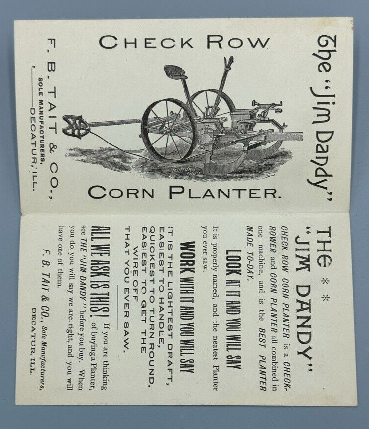1880s JIM DANDY Tait FARM MACHINERY Advertising Folding Trade Card DECATUR Ill