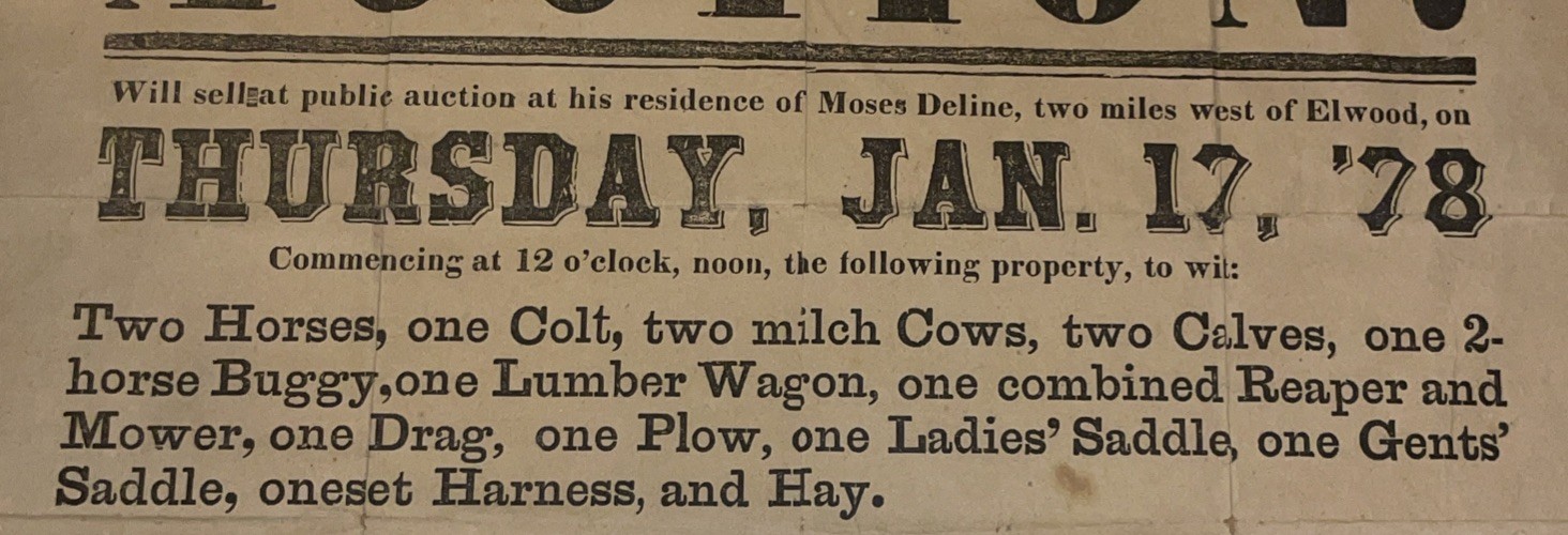 Antique Auction Poster Horses, Cattle, Livestock, Farm Implements Elwood iN 1878