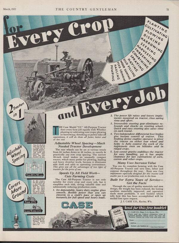 1932 CASE TRACTOR PLANT COMBINE HARVEST BARN FARM FIELD RACINE MOTOR 17078