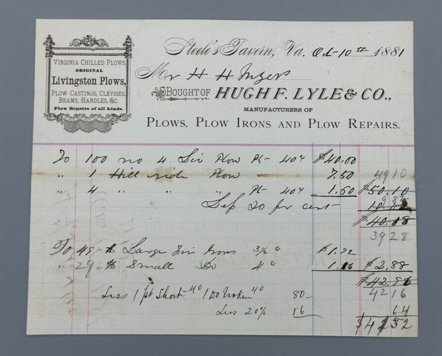 1881 STEELES TAVERN Virginia LIVINGSTON PLOWS Invoice FARM Advertising HUGH LYLE