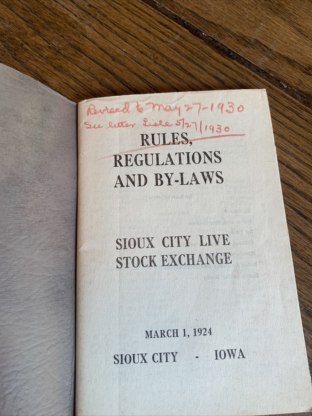 Rules And Regulations Sioux City Live Stock 1927-30 Historical With Amendments