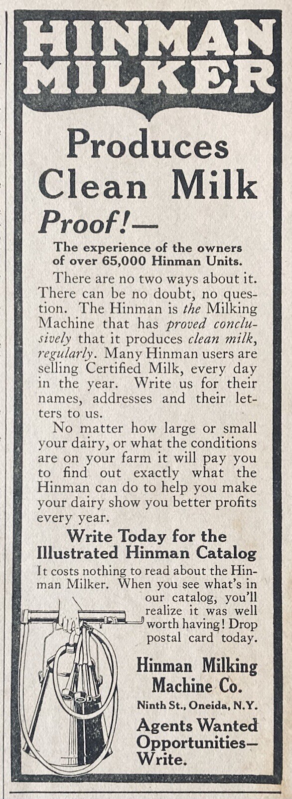 1925 AD.(XG22)~HINMAN MILKING MACHINE CO. ONEIDA, NY. NINMAN MILKING MACHINES