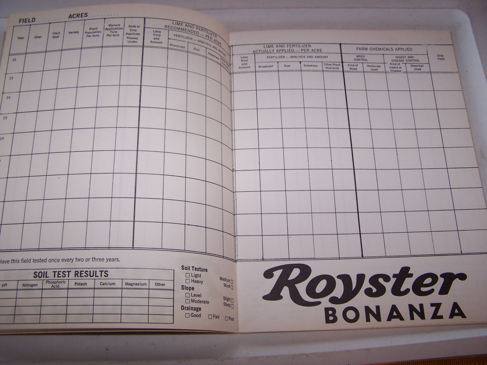 Vintage ROYSTER FERTILIZERS Farm Field Record Book