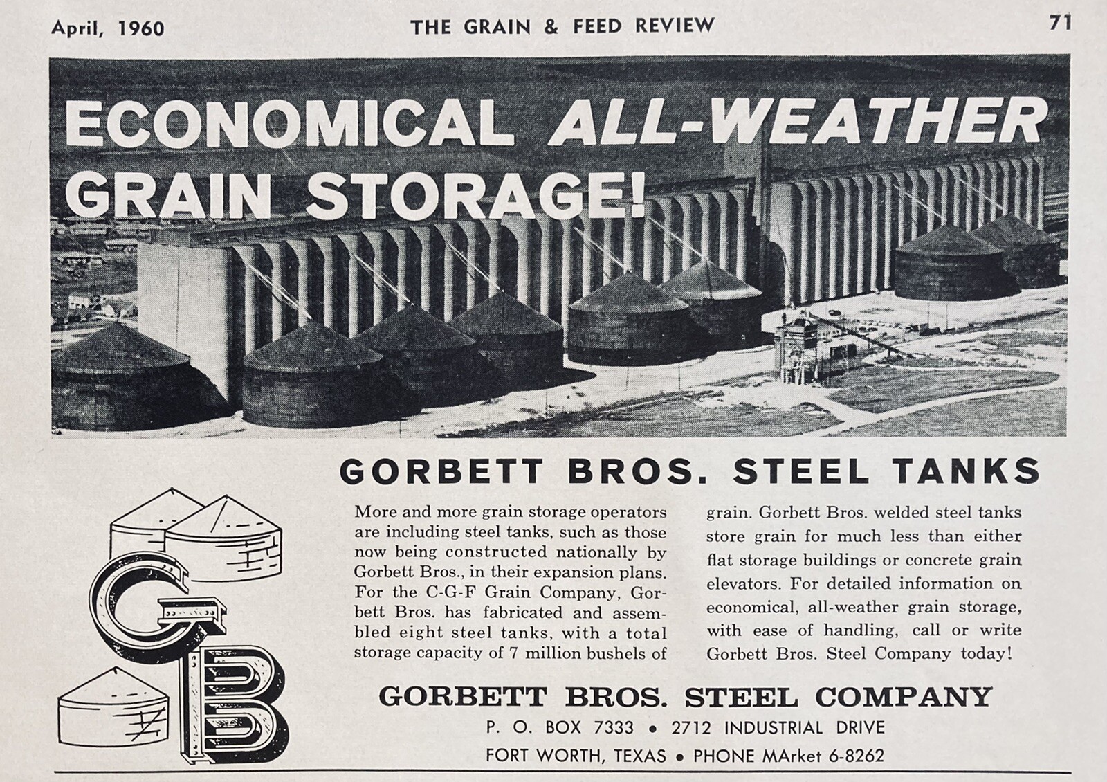1960 AD(XH45)~GORBETT BROS. STEEL CO. FORT WORTH, TX. STEEL GRAIN STORAGE SILOS