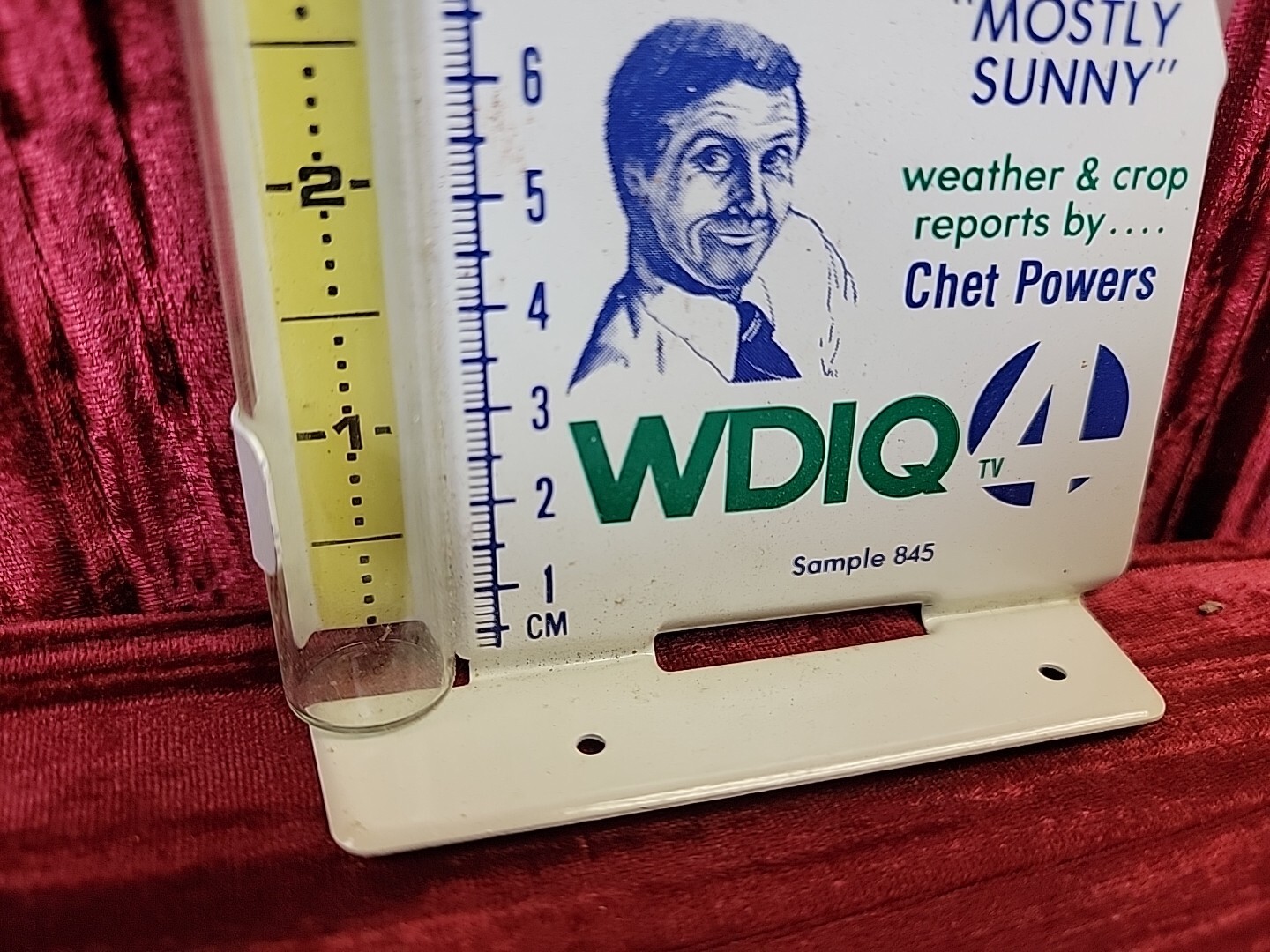 ADVERTISING RAIN GAUGE RECORDER WDIQ CHANNEL 4 CHET POWERS NEWS SUNNY WEATHER