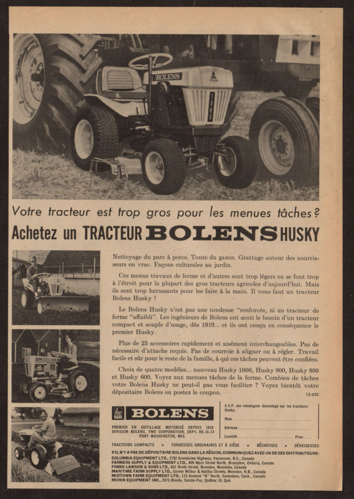 1965 BOLENS Husky Tractors Vintage Original Print AD Small tractor photo Canada