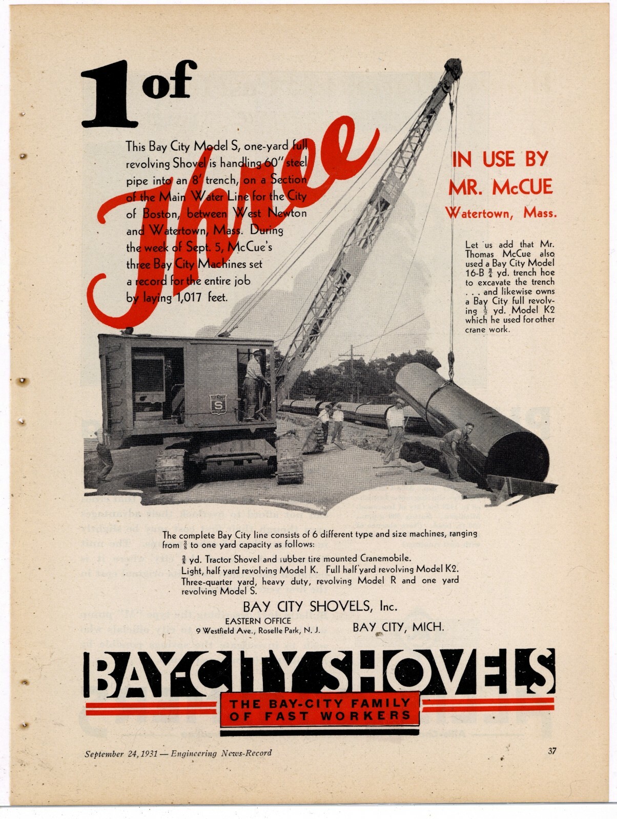 1931 Bay City Shovels Ad: Model S Water Line – West Newton to Watertown MA