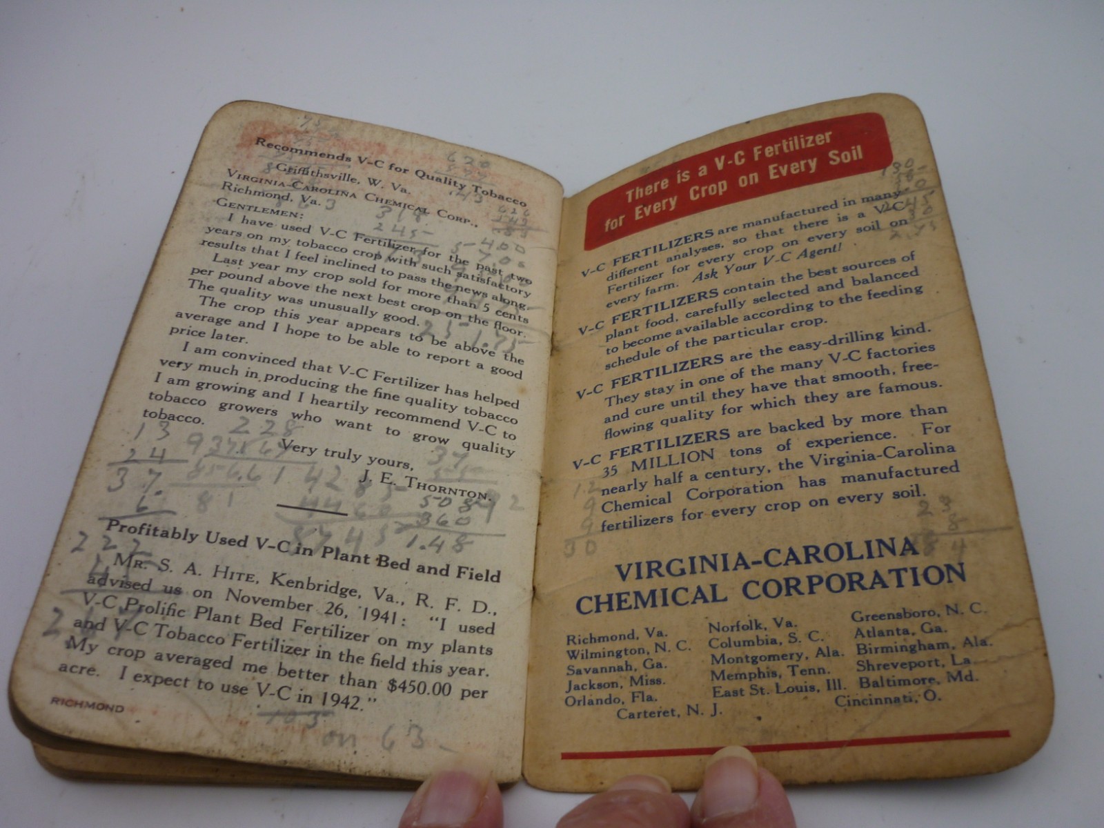 1941 V-C Fertilizers Pocket Notebook Tobacco Farm Advertising