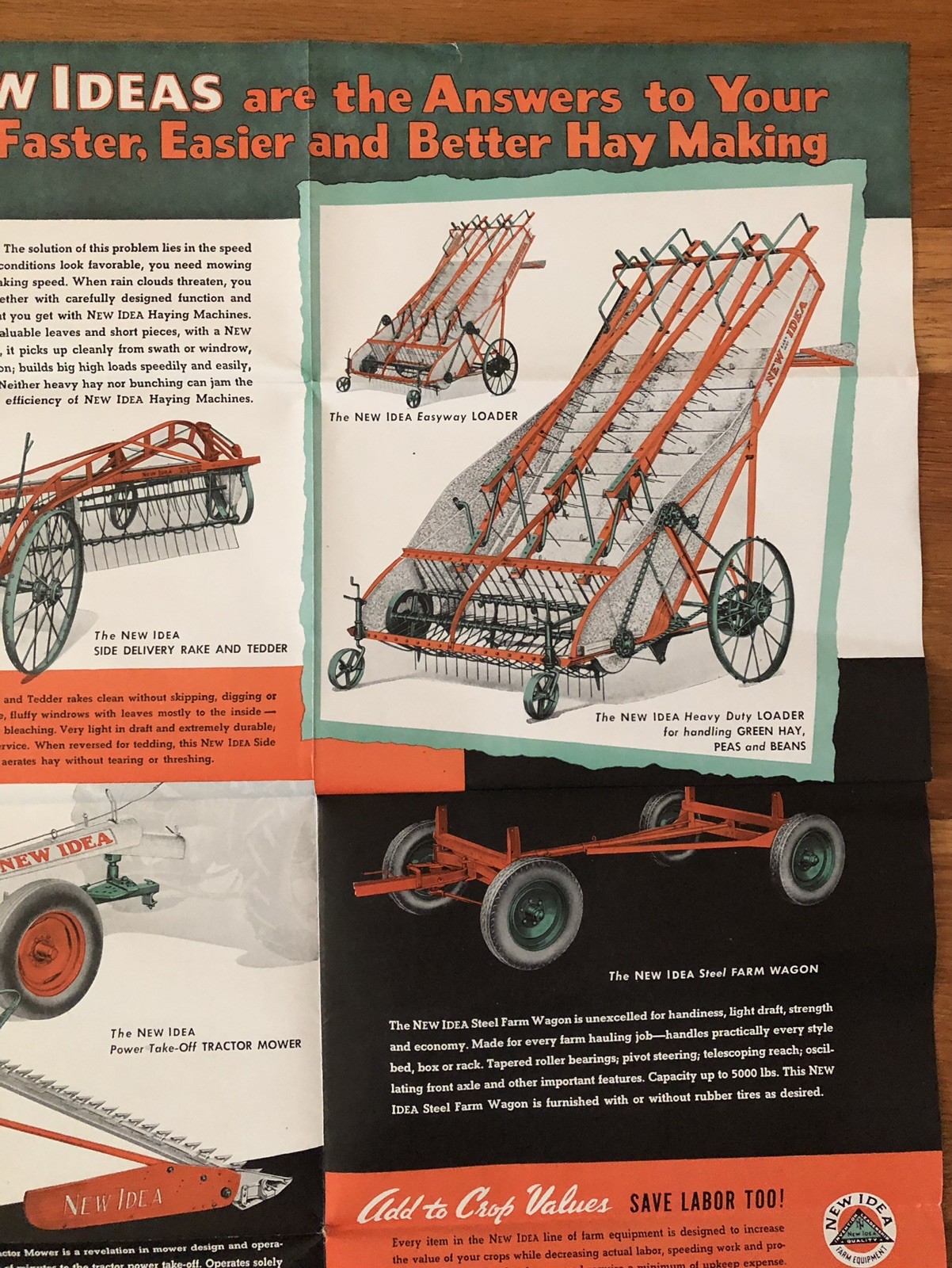 Vintage NEW IDEA Farm Tractor Hay Loader Mower Advertising Brochure Poster