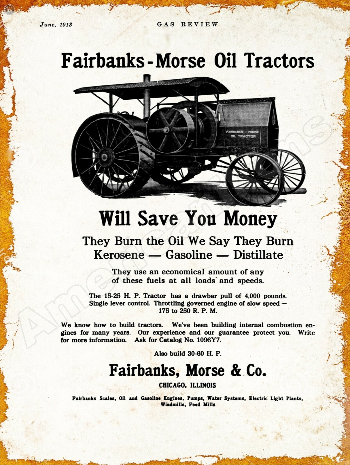 1913 Fairbanks-Morse 30-60 Oil Tractor New Metal Sign: Chicago, Illinois