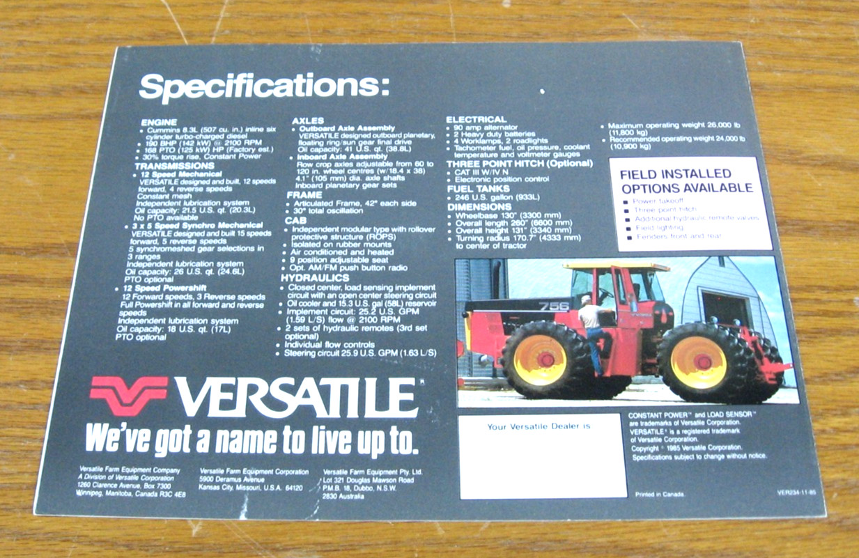 VINTAGE VERSATILE TRACTOR 756 168 HP 4 WHEEL DRIVE BROCHURE SALES CATALOG