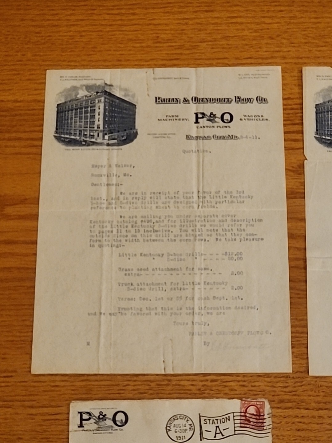 Parlin and Orendorff P&O Plow Co Letterhead 2x 1911 1912
