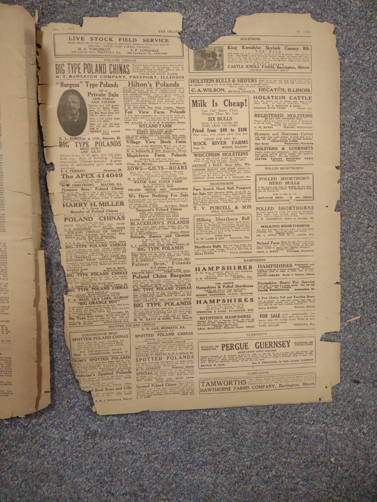 Orange Judd Farmer Newspaper Chicago, Illinois May 21, 1921 poor condition