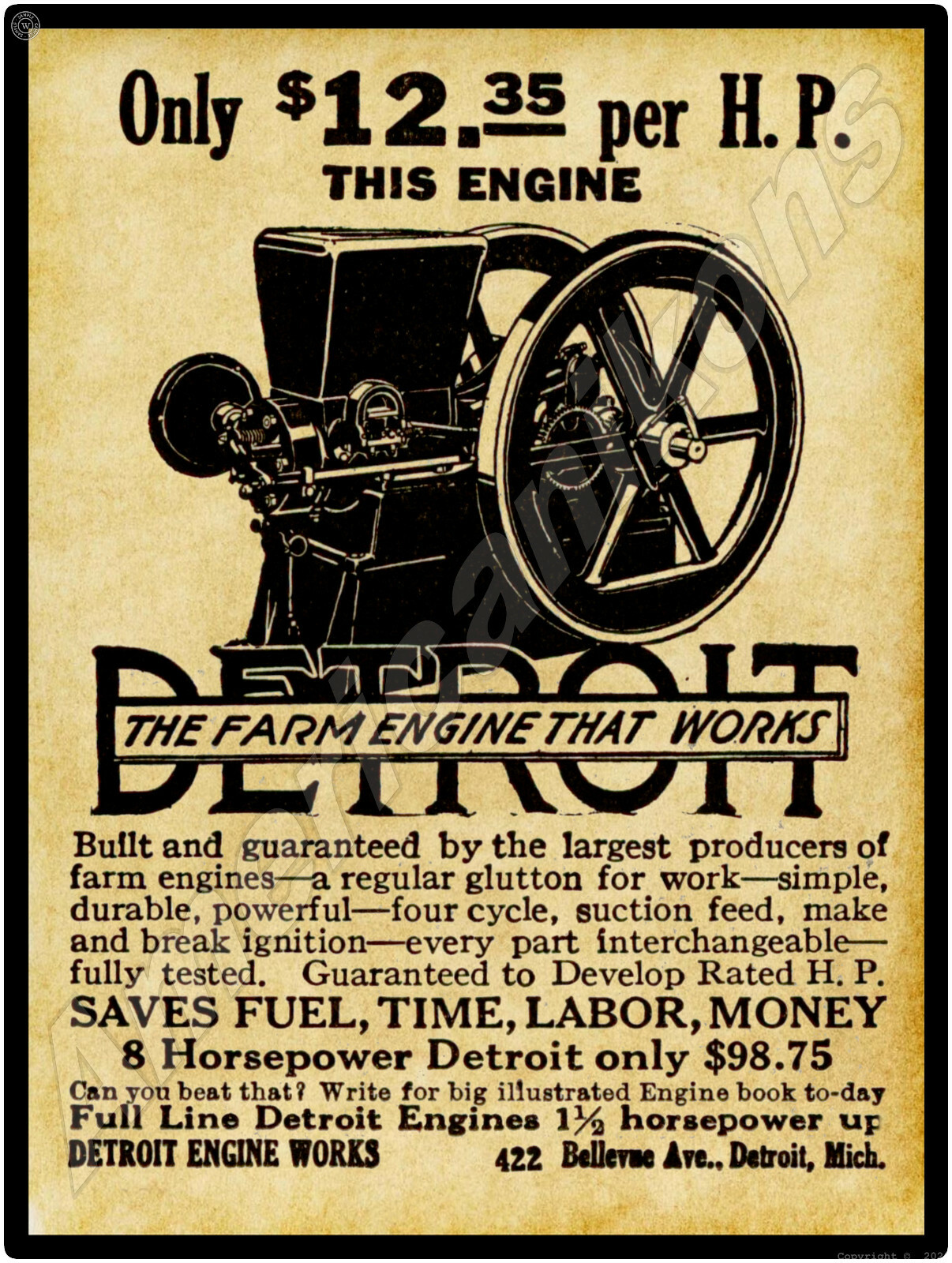 1916 Detroit Gas Engines New Metal Sign: Detroit, MI – LARGE SIZE 12 x 16