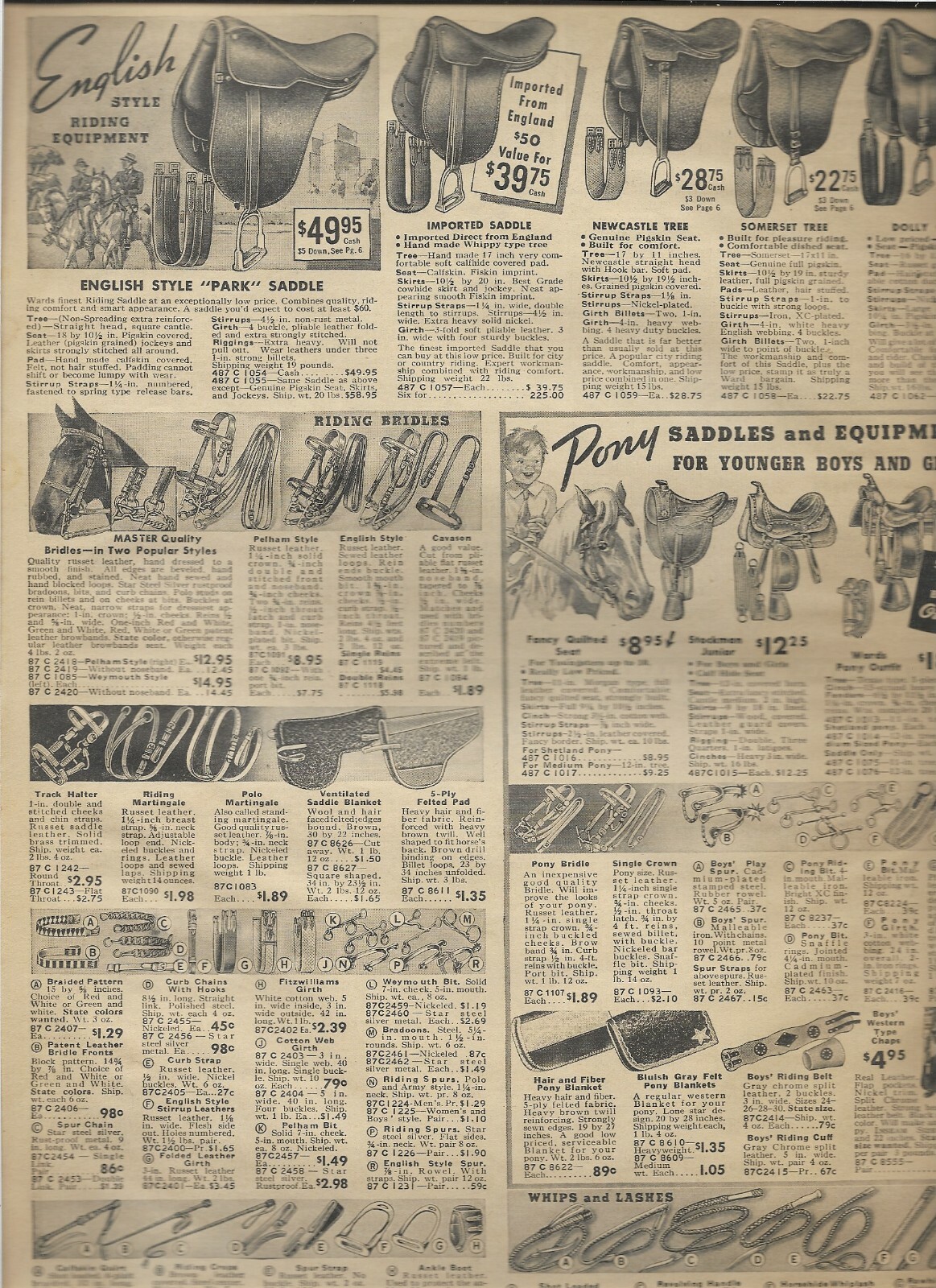 1938 Wards Catalog Ad Pages ENGLISH PARK SADDLE WESTERN BRIDLE PONY HORSE TANK