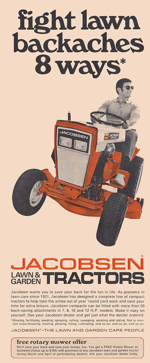 1969 Jacobsen Tractors: Fight Lawn Backaches Vintage Print Ad