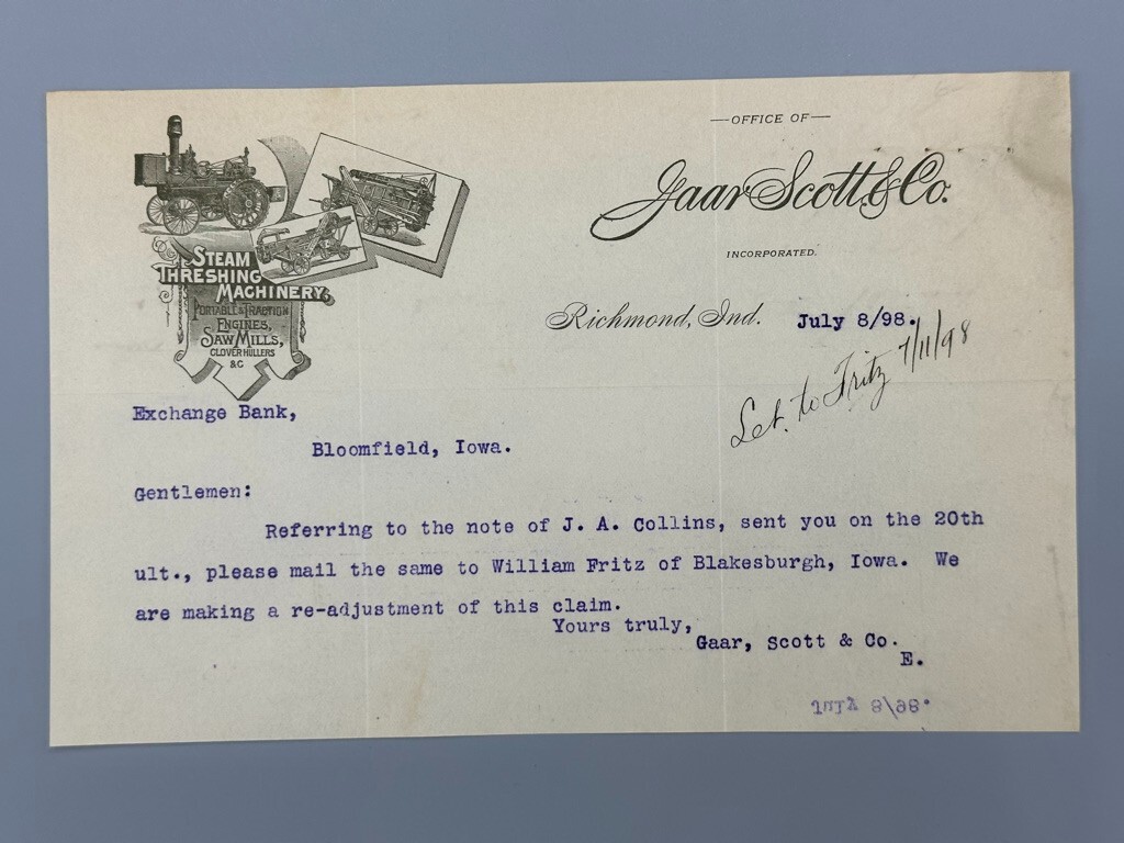1898 GAAR SCOTT THRESHING MACHINERY Farm Advertising Letter RICHMOND INDIANA