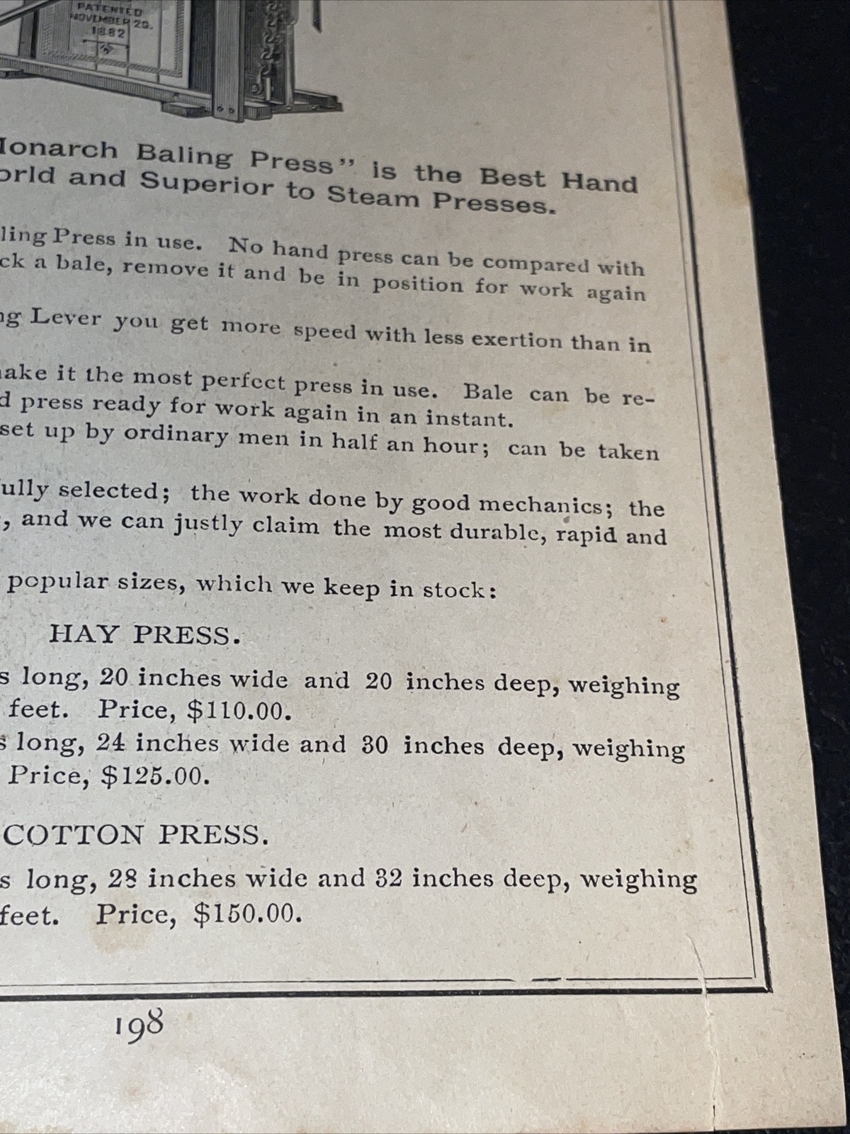 1891 Baldwin – Monarch Bailing Press Farm Advertising – Norfolk – New Orleans