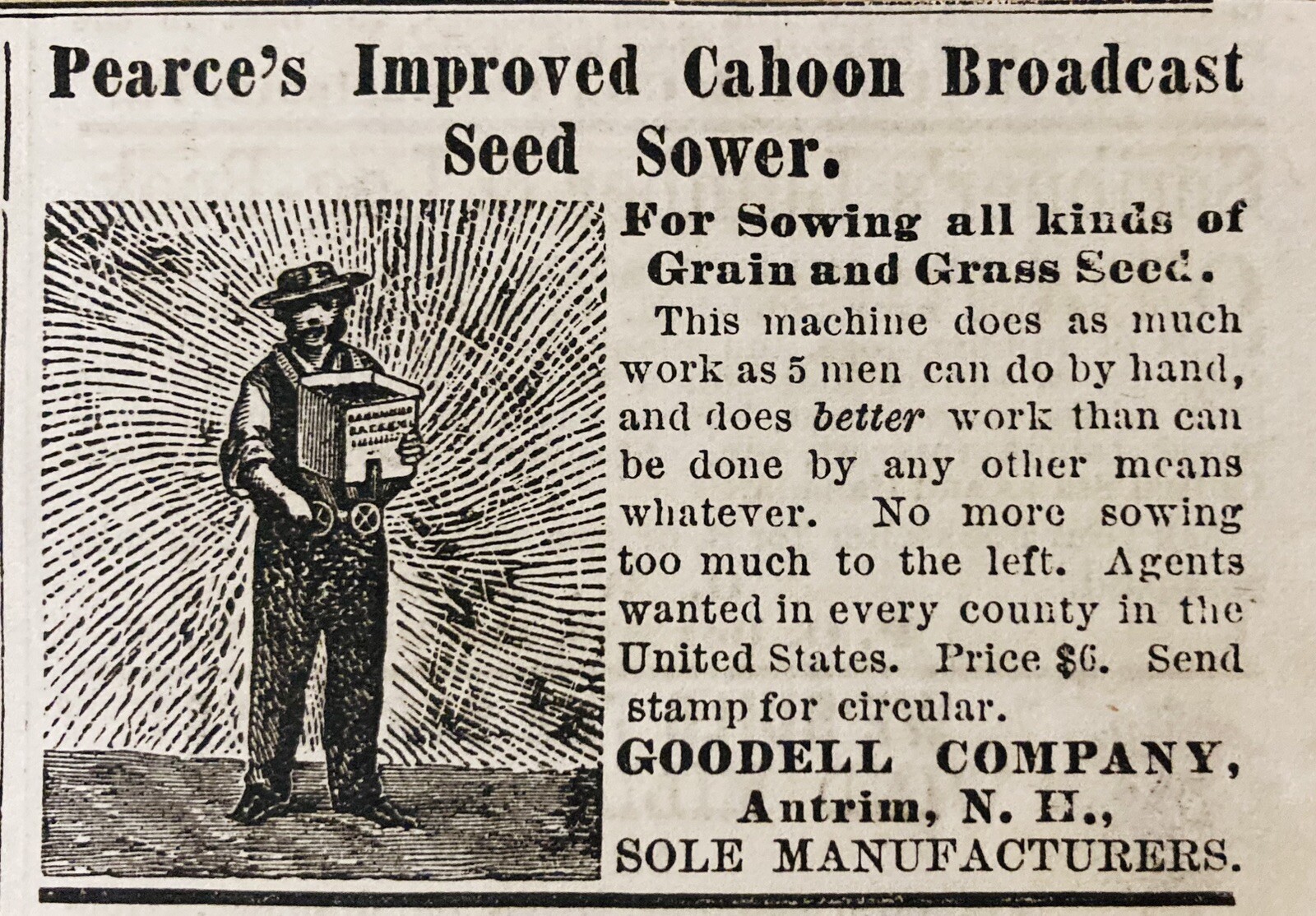 1879 AD.(XH71)~GOODELL CO. AUTRIM, NH. PEARCE’S CAHOON BROADCAST SEED SOWER