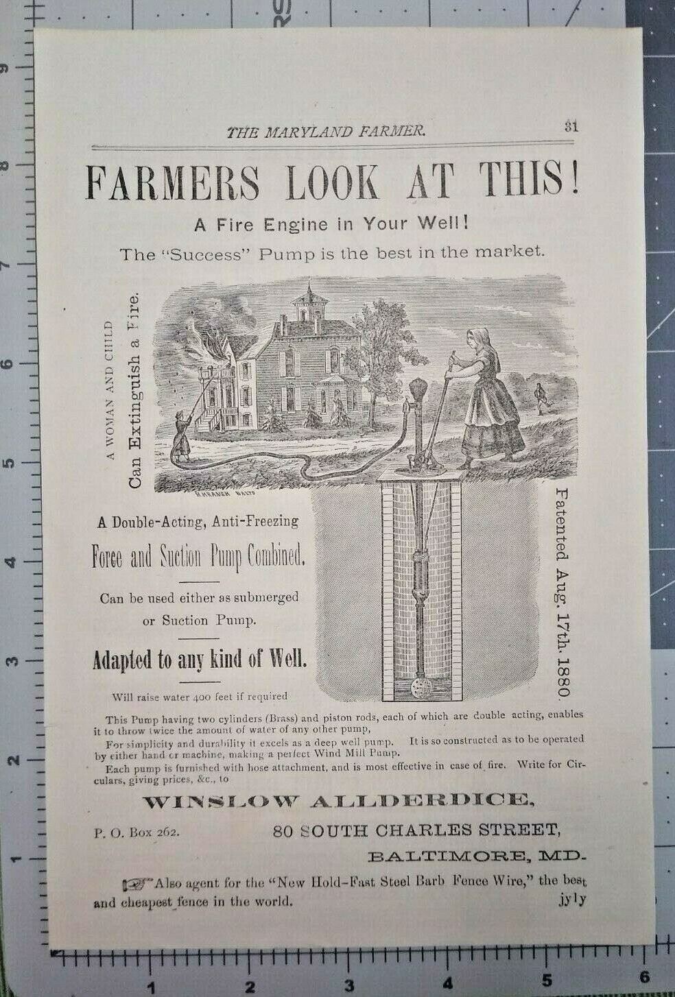 Baltimore Vintage Print Ad Winslow Allderdice Firefighting Pump Equipment 1881