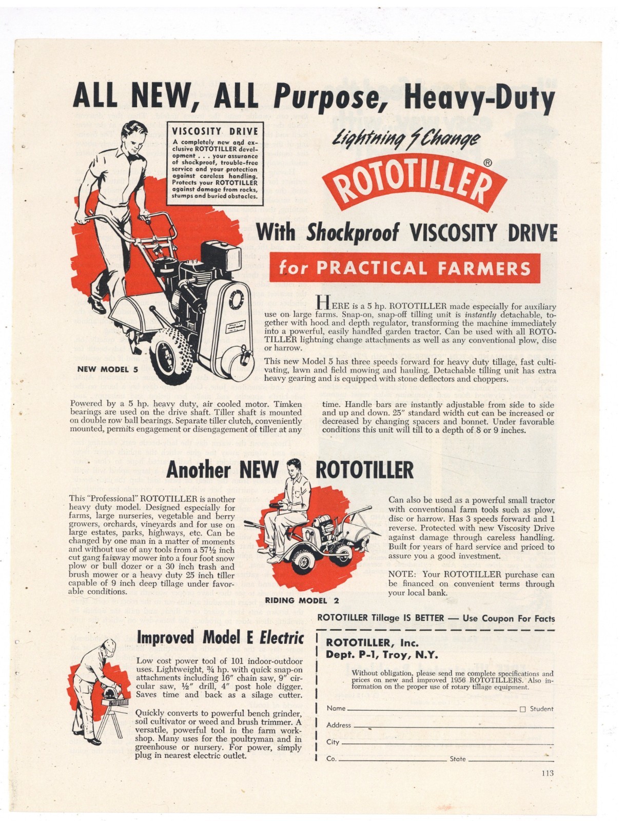 1956 Rototiller Co. of Troy, New York Ad: Model 5 w. Viscosity Drive, Model 2