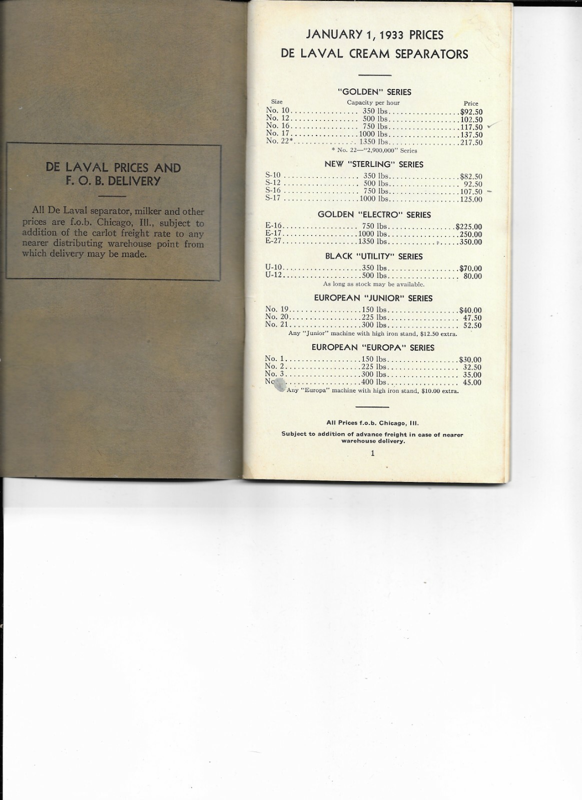 DE LAVAL SEPARATORS PRICE LIST JANUARY 1,1933 EDITION