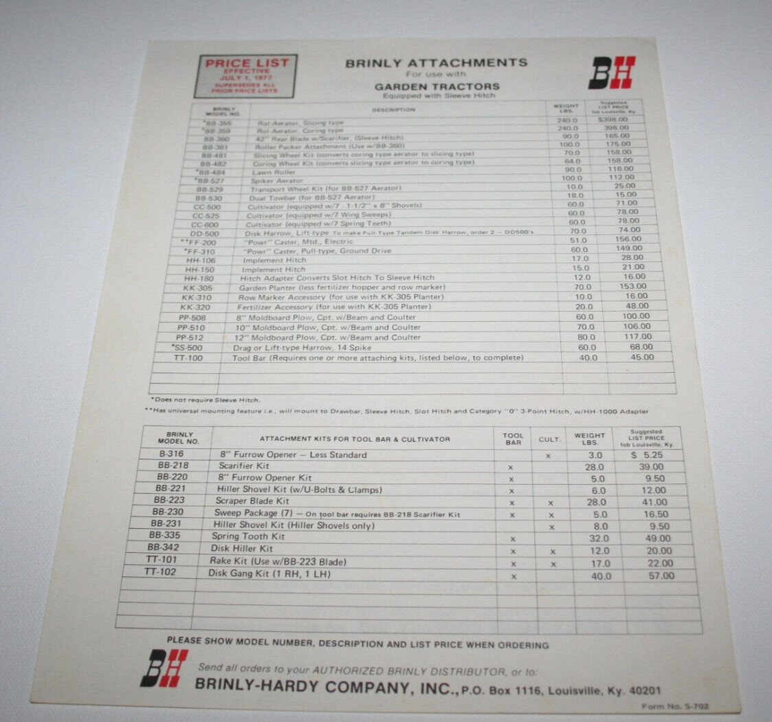Brinly Attachments for Use With Garden Tractors Price List 1977