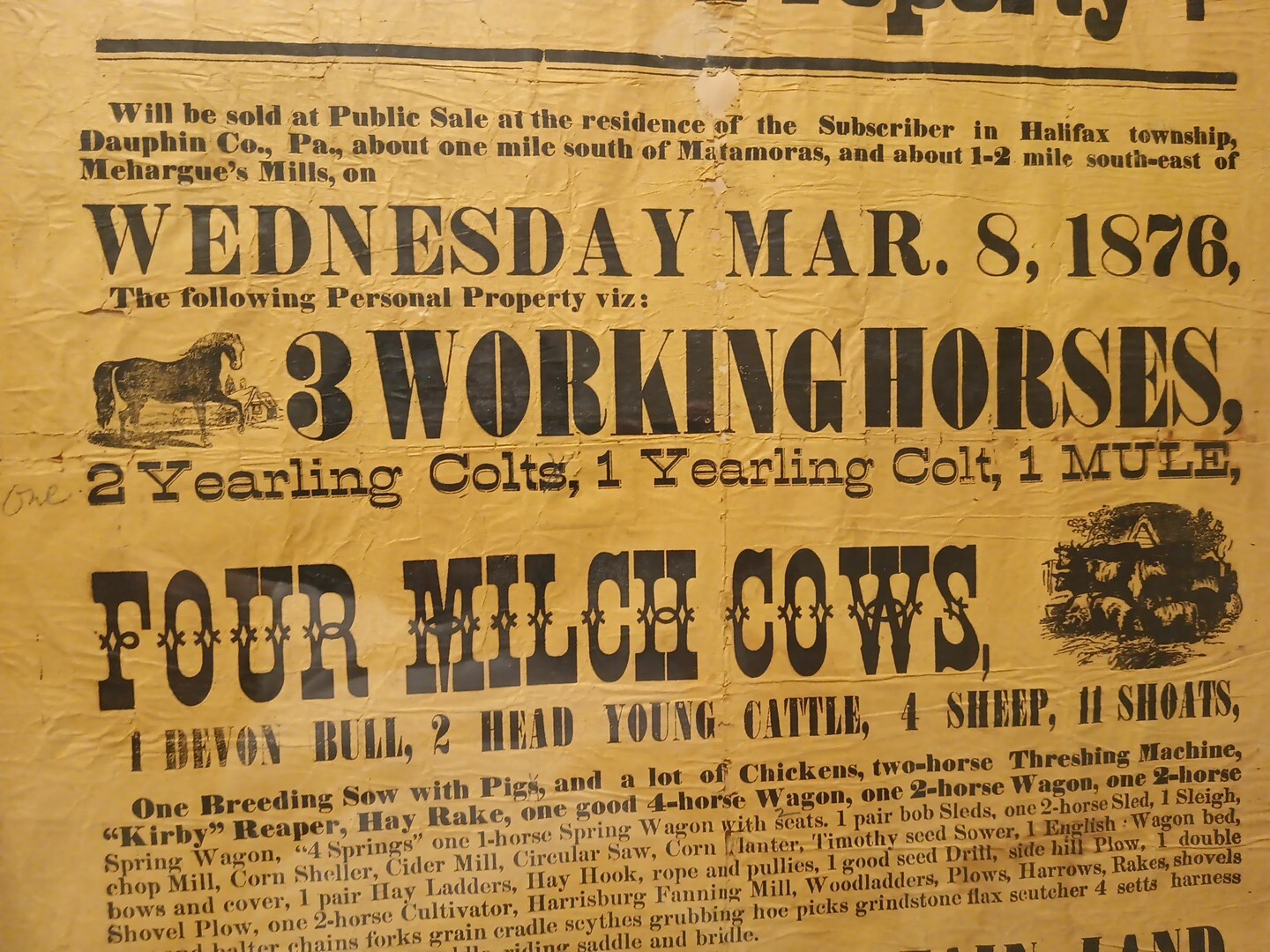 1876 Public Farm Sale Framed Auction Notice, Halifax Township, Pennsylvania