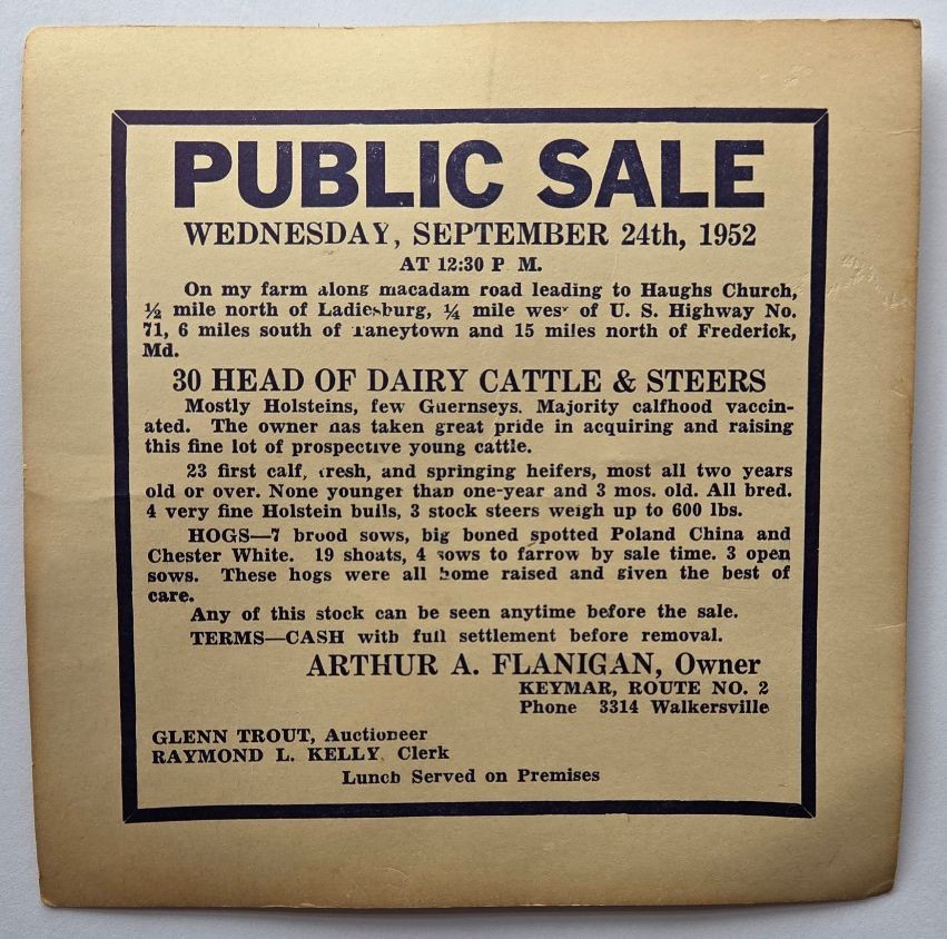 Public Farm Sale Advertising Cards Qty 2 Sept. 24, 1952 Arthur A. Flanigan