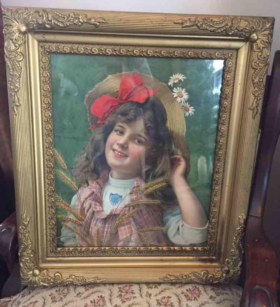 Antique The Johnston Harvester Co Framed Farm Girl Agriculture Advertising 22×20