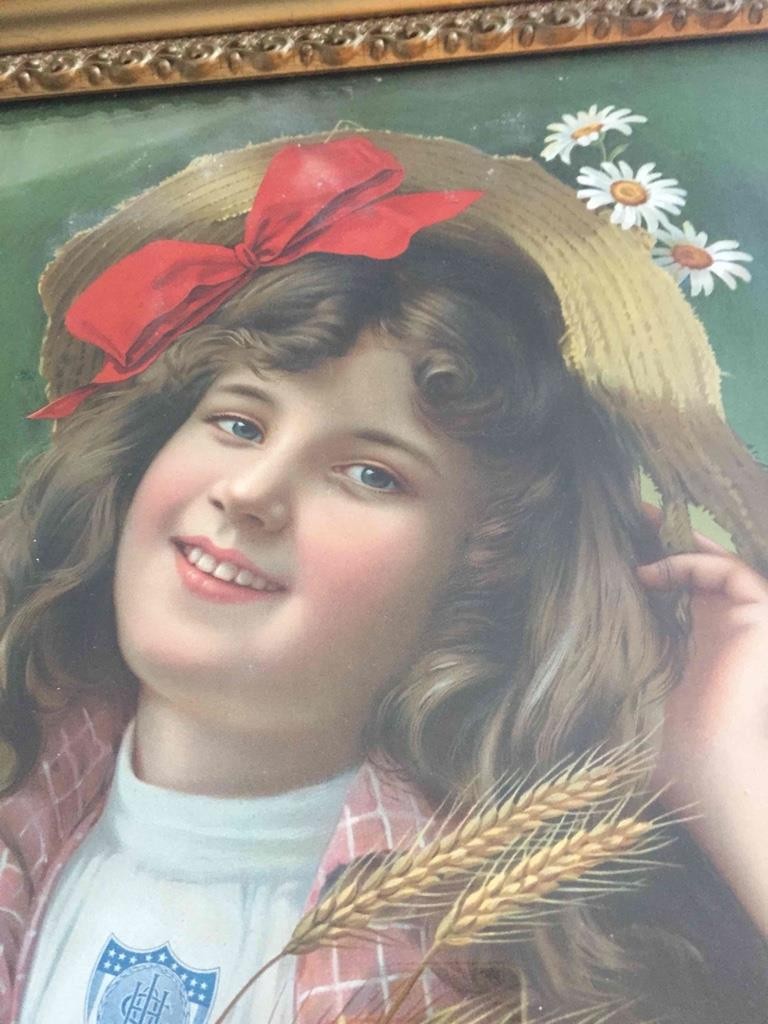 Antique The Johnston Harvester Co Framed Farm Girl Agriculture Advertising 22×20