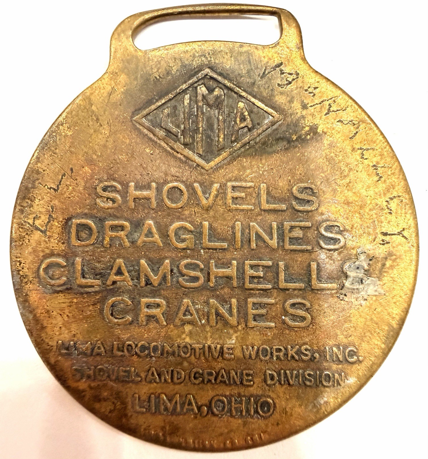 Vintage Lima Locomotive Works Brass Watch Fob Excavator Dragline Crane Ohio