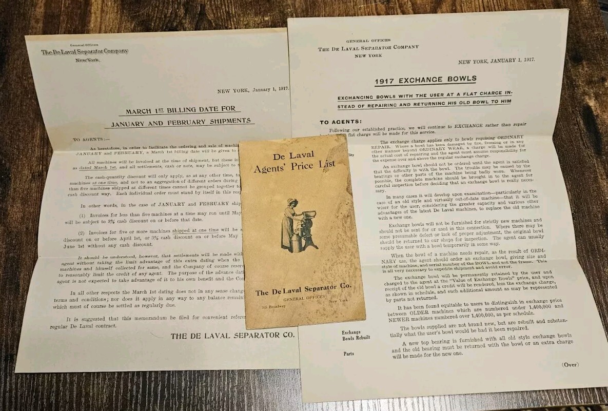 1917 De Laval Cream Separator Co Price List & Documents Bowl Exchange
