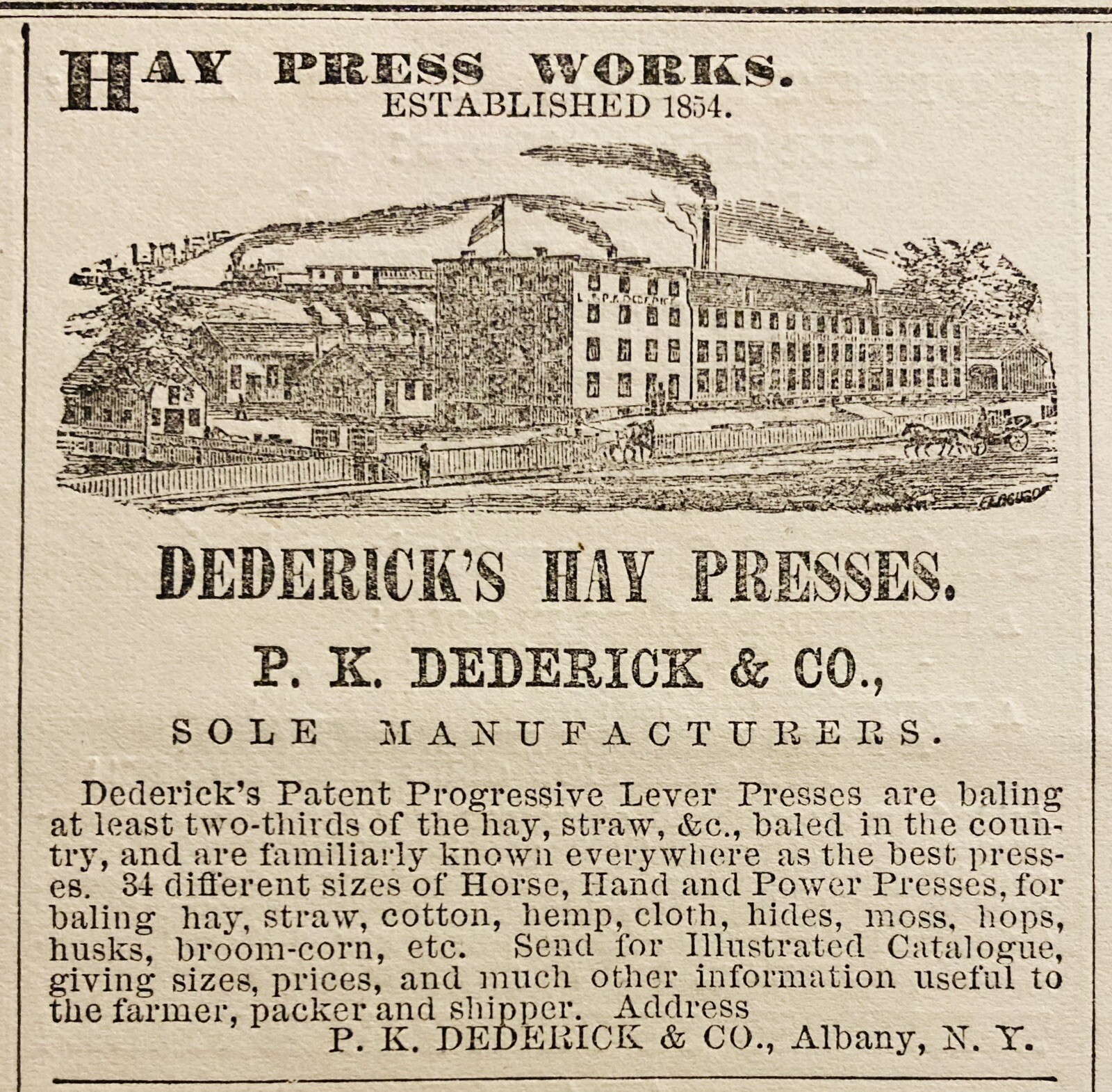 1877 AD.(XH79)~P.K. DEDERICK CO. ALBANY, NY. DEDERICK’S HAY PRESS WORKS MFG.