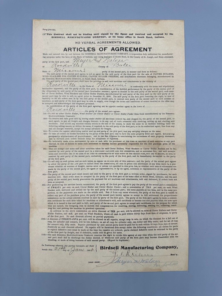 1905 BIRDSELL Clover Huller CONTRACT Letter FARM Advertising SOUTH BEND Indiana
