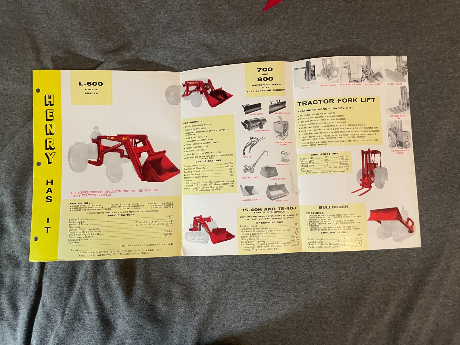 1950&rsquo;s Henry Industrial Tractor Brochure 6 Pages Spec Sheet L 600 Mark II 700