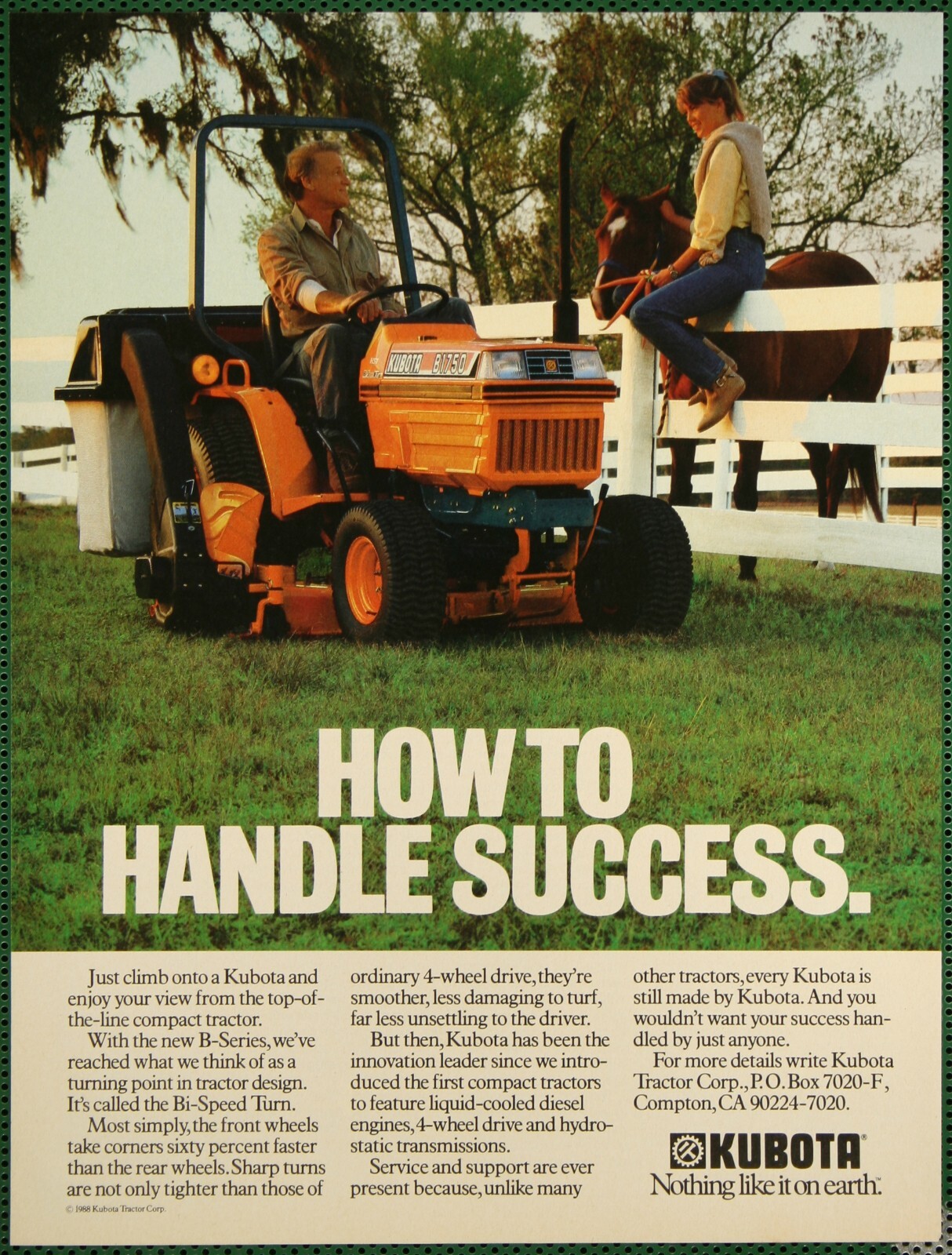 Kubota B1750 Compact 4WD Tractor Lawn Turf Yard Mower Vintage Print Ad 1989