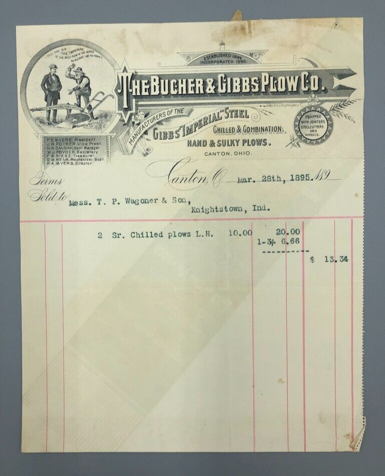 1895 Bucher & Gibbs PLOW Bill Antique Farm Advertising CANTON OH Worlds Fair