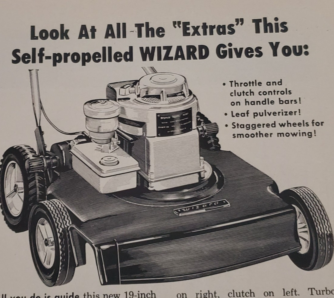 1958 WESTERN AUTO « WIZARD » LAWN MOWER PRODUCT LINE UP ORIGINAL CLASSIC PRINT AD